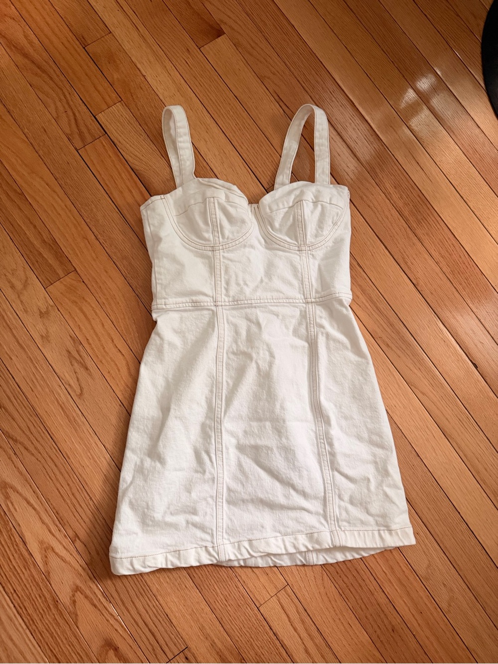 Reformation White Strappy Denim-Look Mini Dress